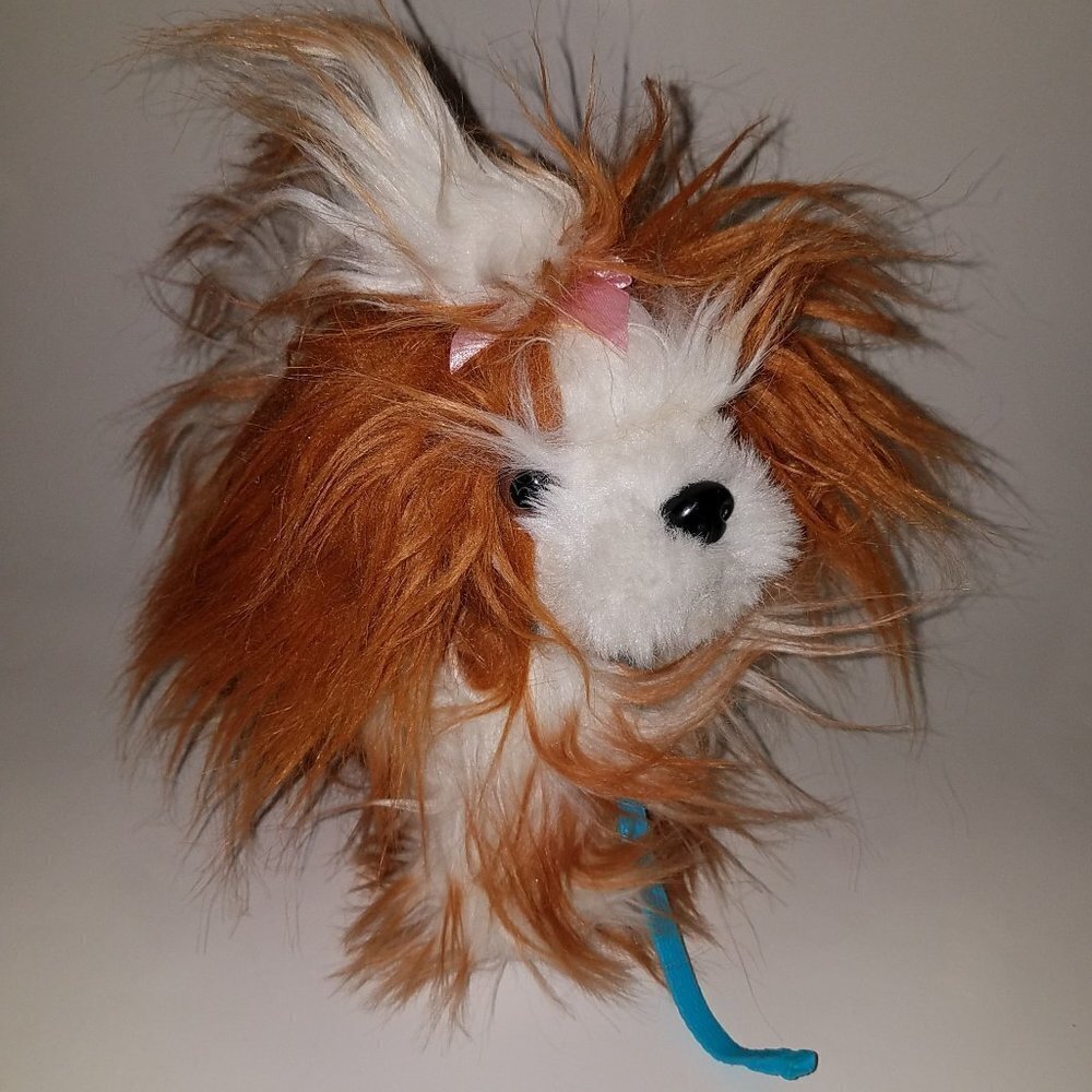 Battat Brown White Shaggy Dog Plush Stuffed Toy Puppy Blue Leash Yorkie Terrier